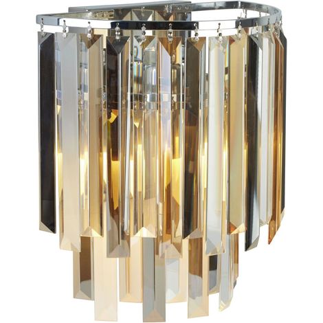 Applique métal verre fumé E14 29 cm de large chrome gris fumé ambre 2 lampes Art Déco cristal