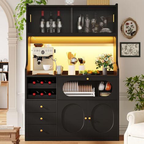 Hochküchenschrank 120cm mit App-gesteuerter RGB-LED, Glasschiebetüren, Weinregal & Klapptüren nach oben, 3 Schubladen, Weiß/Schwarz (1/5)