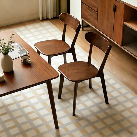 Sedia da pranzo in legno massello, schienale ergonomico curvo, piedini regolabili, colore noce (1/5)