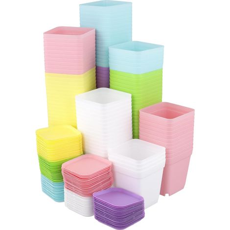 Lot de 120 pots de culture carrés colorés avec soucoupe, 7 x 7 x 8 cm, petits pots de fleurs en plastique coloré, pots de culture carrés pour semis, plantes succulentes, boutures à (1/5)