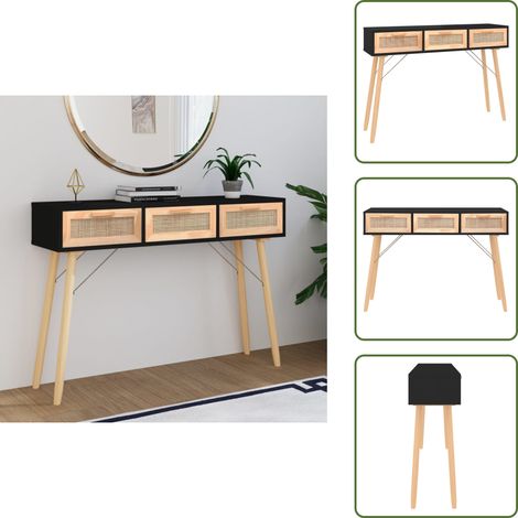 The Living Store Table console Noir 105x30x75 cm Bois massif pin /rotin naturel - Table Basse - Meuble Entrée - Table D'appoint - Table Console Scandinave - Table Avec Tiroirs (1/5)