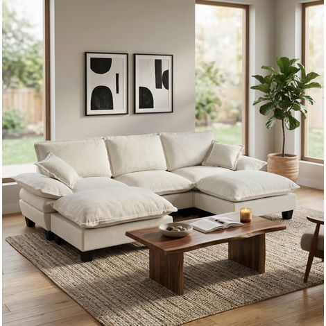 Divano angolare modulare a U in chenille beige con 2 ottomane mobili, 2 cuscini morbidi e struttura in legno (1/5)