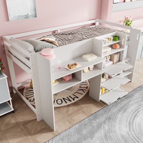 Bett Hochbett Stauraum 90x200 Kiefer Weiß OKMYHOME (1/5)