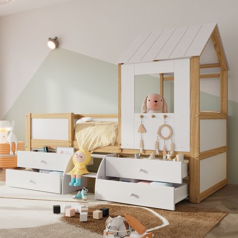 Lit demi‑haut maison 90×200cm pin+MDF blanc/naturel,toit et fenêtre,clôture 4 côtés,quatre tiroirs et petit escalier (1/5)