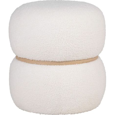 SNOVIK - Pouf Rond en Tissu Bouclé Blanc Ceinturé en MDF (1/2)