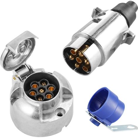 Prise Remorque 7 Broches Métal Et fiche Remorque 7 Broches Métal,12V Connecteur remorque 7 Broches Étanche pour Remorque Voiture, Porte-vélos,avec Support de fiche Remorque Bleu (1/5)