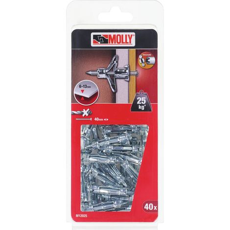 Molly M12025-XJ Chevilles auto foreuses avec vis M4 4 x 35 mm, Gris, Set de 40 Pieces