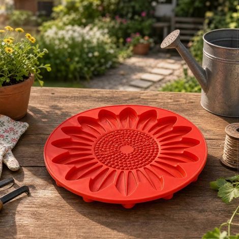 Moule réutilisable pour dalles de jardin rond 38 cm en béton et plastique motif tournesol (1/4)