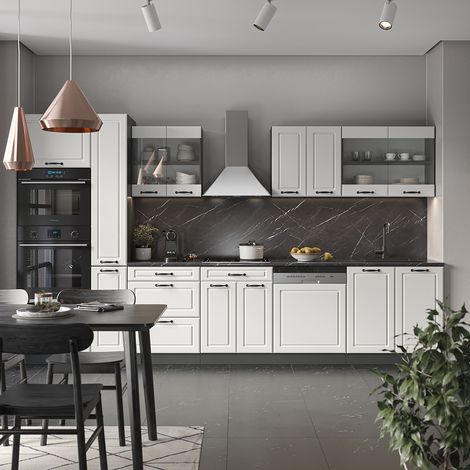 Mueble de cocina R-Line, Casa de campo blanca/antracita, 350 cm con armario alto, sin encimera, Vicco