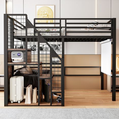 Cama alta juvenil con almacenaje y escalera metálica OKMYHOME (1/5)
