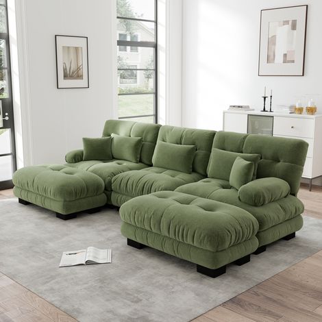 Divano angolare modulare in chenille verde con pouf, configurazione a U o a L, seduta profonda