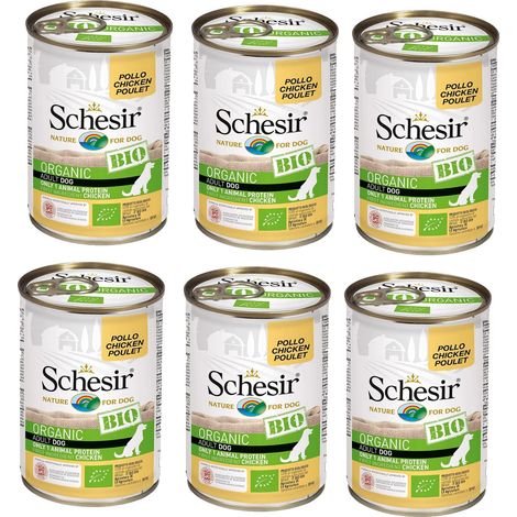 Schesir BIO, Alimento Completo Umido per Cani adulti, Patè di Pollo Selezionato senza Cereali - 6 lattine dal 400g (2,4kg totale) (1/4)