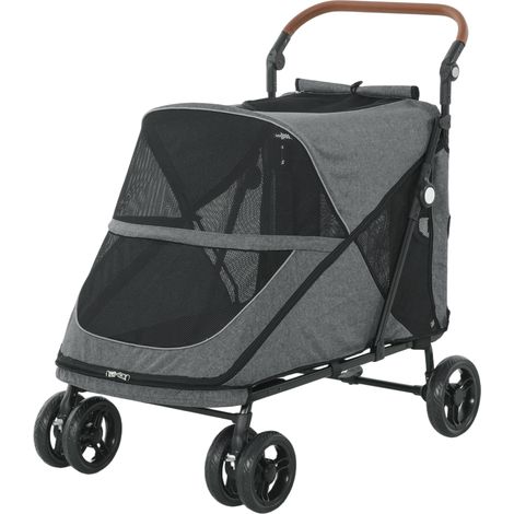 Chariot pliable pour grands chiens jusqu'à 30 kg, roues pivotantes 360°, fenêtres en filet, coussin, poignée réglable, gris (1/5)