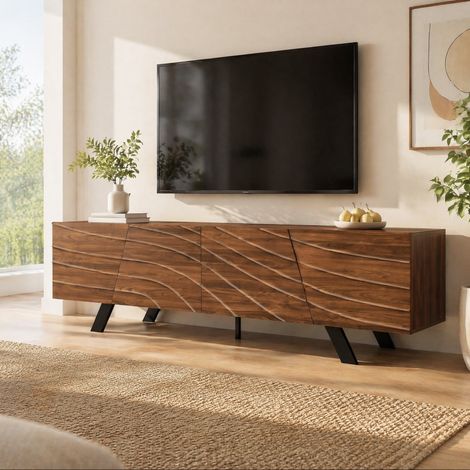 Mueble TV con frente ondulado (160x39x50.5 cm), gran almacenaje, gestión de cables, MDF color nogal (1/5)