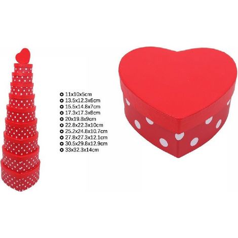 TrAdE Shop Traesio - Set 10 Pz Scatole Box Regali Varie Misure Matrioska Forma Cuore Rosso Pois 71953 -