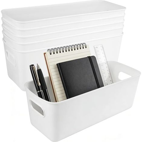 Set di 6 scatole portaoggetti in plastica, 26,5 x 10 x 10 cm, cestini portaoggetti piccoli, contenitori con manici, rettangolari, impilabili, per cucina, armadio, ufficio, bagno (bianchi) (1/5)