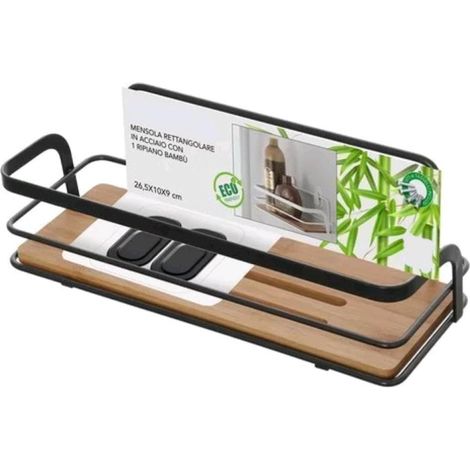 Mensola Rettangolare per Bagno in Acciaio Colore Nero Opaco con ripiano Bambu' 26,5x10x9H cm (1/3)