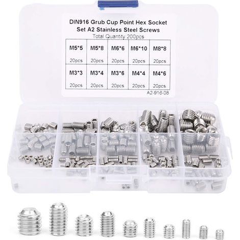 Vis de serrage,assortiment 200 vis à tête creuse hexagonale Allen M3/M4/M5/M6/M8,pour instruments précision,compteurs produits (1/5)