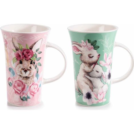 Tazze in porcellana con decorazione stampa coniglietto e fiori, set da 4 pezzi, Ø 10 cm x 15 H