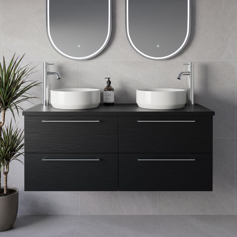 Napoli 460 Nero Oak 1200mm Wall Mounted 4 Drawer Vanity Unit for Countertop Basins - 1200mm - Chrome 320mm Handle