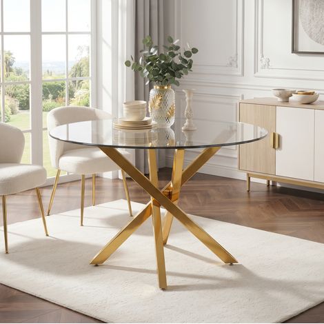 Table à manger ronde 80 x 80 x 75 cm en verre trempé, pieds dorés, style moderne (1/5)