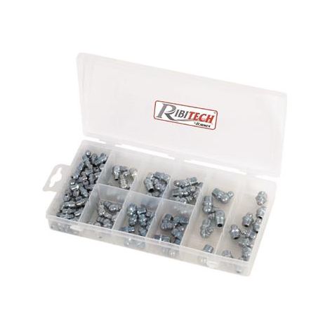 Ribimex – Lot de 110 graisseurs métal – Pour graissage précis – Coffret de rangement inclus – Compatible avec outils professionnels
