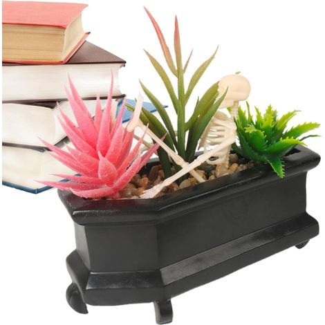 Fausse planteur de crâne et succulentes artificielles - Décoration pour étagère de cercueil avec squelette pour la maison, la chambre ou - Accessoire de table gothique pour Halloween et (1/5)