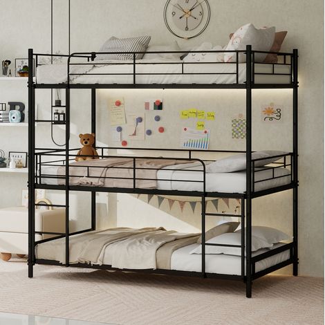 lit adulte superposé triple 90x190 chambre métal noir OKMYHOME (1/5)