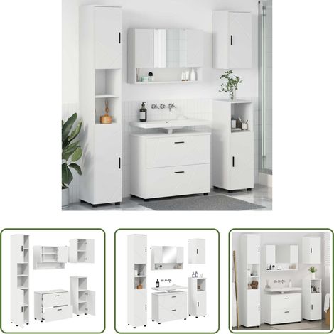 vidaXL Sperrholz - Badezimmermöbel-Set mit Regal 5 pcs Weiß Sperrholz und Metall (1/5)