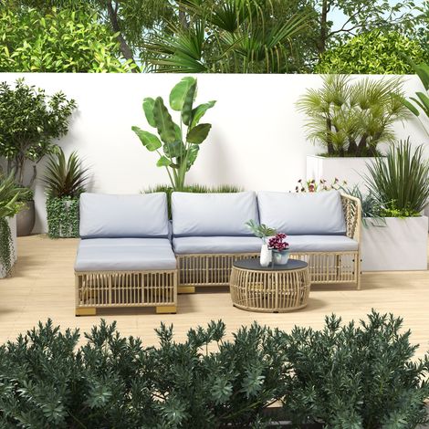 Ensemble mobilier jardin Outsunny rotin 5 pièces balcon coussins canapé angle tabouret terrasse acier gris clair
