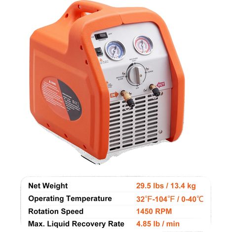 Machine de récupération de réfrigérant, haute efficacité, design portable, 3 4 HP Orange (1/2)