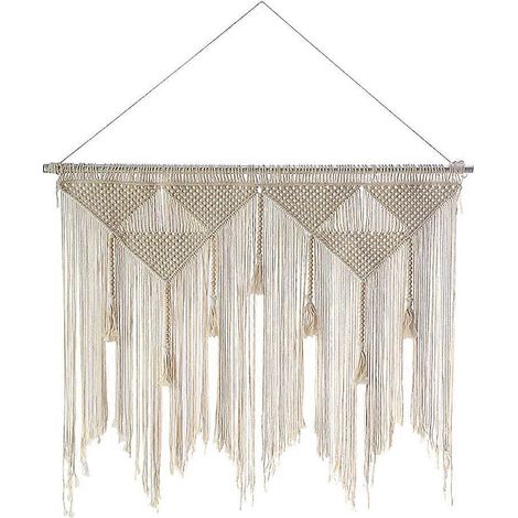 Wandteppich im Bohème-Stil aus Makramee, gewebt, mit beigen und weißen Quasten, ideal als dekorativer Vorhang für das Zuhause (Holzstange nicht im Lieferumfang enthalten). (1/5)