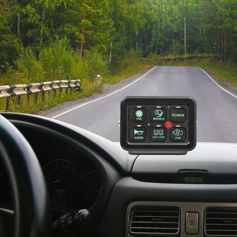 6-fach Schalttafel Kit 12V-24V, IP65, Mit Sicherungen, Ideal für Auto, Boot, Wohnmobil, UTV, SUV (Grüne Hintergrundbeleuchtung) (1/5)