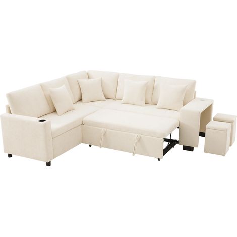 L-förmiges Umwandelbares Schlafsofa, Ecksofa mit Schlaffunktion und Stauraum, Getränkehalter, Breite Armlehnen, USB- und USB-C Anschlüsse, Inkl. Kissen, Ideal für Wohnzimmer und Heimkino, Beige