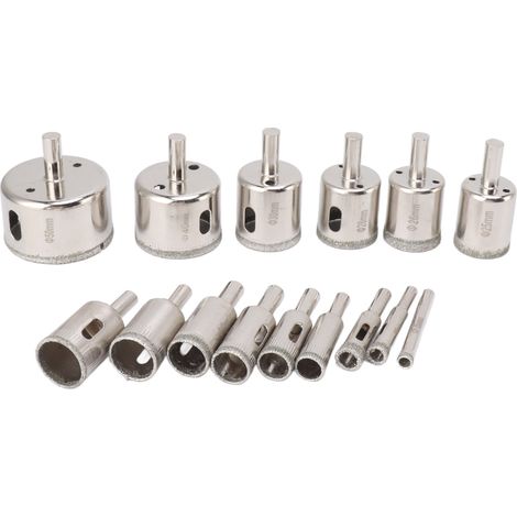 Kit de 15 forets diamantés pour la découpe du verre, du carrelage, de la céramique, du marbre et de la porcelaine (6-8-10-12-14-16-18-20-22-25-26-28-30-40-50 mm). (1/5)