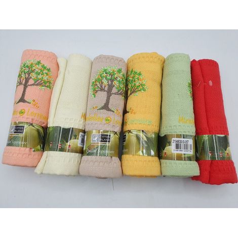 Lot de 6 - COTON BLANC - Torchons nid d'abeille - Broderie Mirabelles de Lorraine - Qualité supérieure - Neuf - Voir photos
