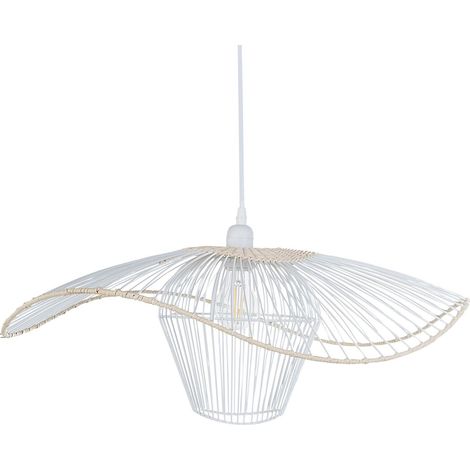 Lampada a sospensione con paralume in rattan e metallo bianco Lunga
