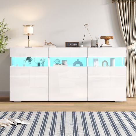 Buffet LED - 140x40.5x66.5cm - 3 portes, 7 étagères - structure en acrylique transparent - laqué brillant - blanc (1/5)
