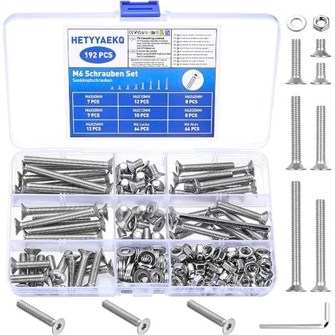 192 Pcs M6 Screws, Bolts and Nuts, Hex Countersunk Head Screws, Stainless Steel Hex Socket Flat Head Screws with Washers Assortment Kit (1/5)