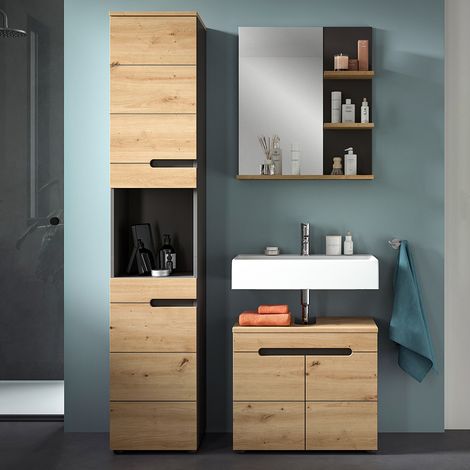 Badmöbel-Set 3-teilig mit 60 cm Waschtisch, Hochschrank & Spiegel in Eiche mit grau CORTANA-158 (1/5)