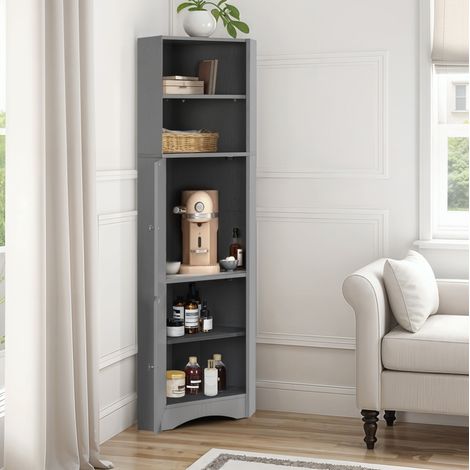Badmöbel Eckschrank modern grau aus Spanplatte, 2 offene Fächer, Schrankfach mit verstellbarem Einlegeboden, 36,5x36,5x155 cm (1/5)