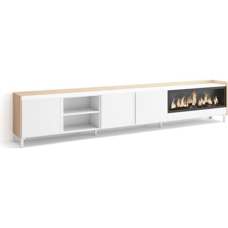 Mueble TV Benalauría-02 de 315x61x35 cm con chimenea eléctrica XXL, diseño industrial, color blanco y roble soft (1/4)