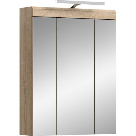 Lambada Spiegelschrank Bad Inkl. Beleuchtung 2 Türen, 3 Spiegeltüren, 3 Regale Weiß hochglanz, Eiche Dekor.