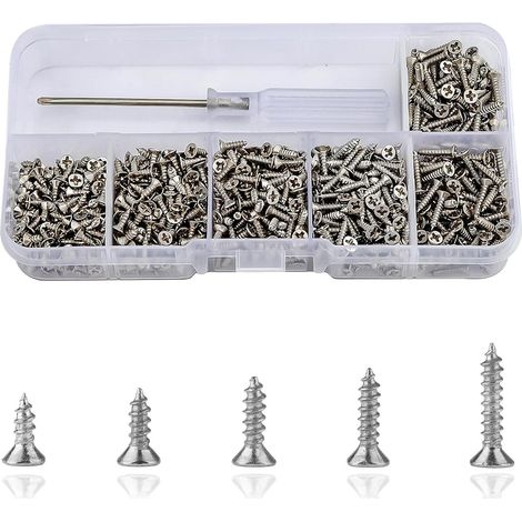 Lot de 1000 petites vis autotaraudeuses en métal M2 - Mini vis cruciformes à tête plate - Vis à tôle avec tournevis - Argenté - 5-10 mm (1/5)