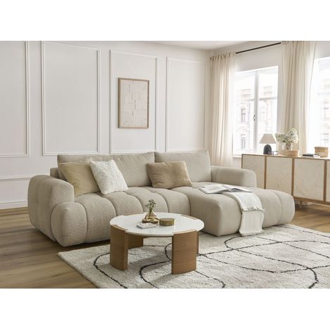 Bobochic – Canapé d'angle convertible 3 places – Tissu bouclette beige – Longueur couchage 230cm – Largeur couchage 154cm – Style moderne