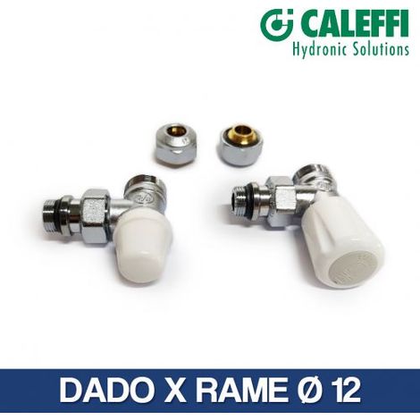 VALVOLA E DETENTORE TERMOSTATIZZABILE RAME 12 14 MULT 16 A SQUADRA CALEFFI 24685 DADO X RAME DA 12 (24685 + 2X11478) (1/4)