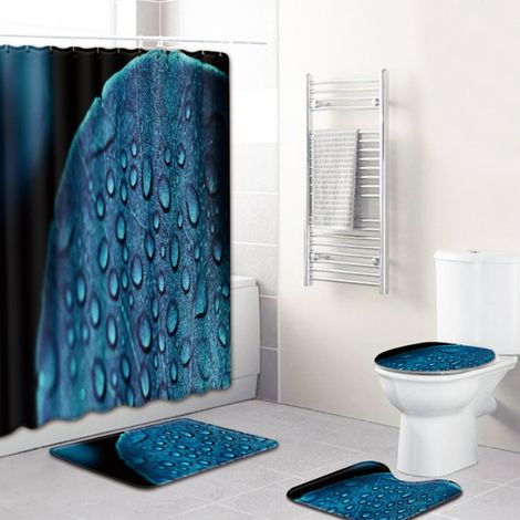 Ensemble rideau de douche Goutte d'eau Bleu, ensemble tapis de bain artistique, ensemble de décoration de salle de bain 70x70, accessoires de salle de bain 4 pièces, rideau de douche antidérapant (Lot (1/5)