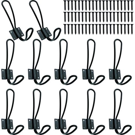 Crochets d'entrée rustiques - Lot de 12 crochets de style ferme avec vis métalliques incluses, porte-manteaux décoratifs muraux noirs de style rustique, double style vintage (1/5)