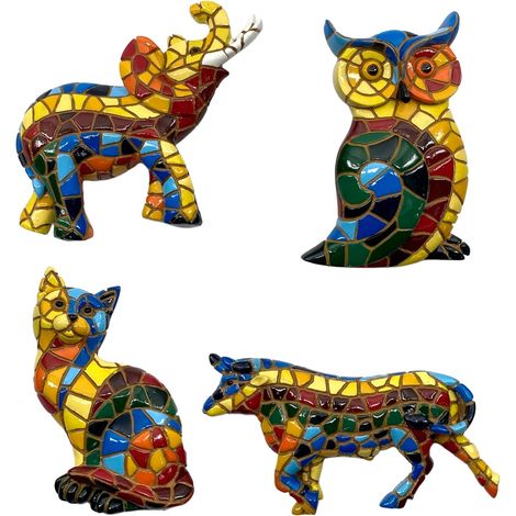 Statuine decorative in resina: gufo, elefante, gatto e toro multicolore