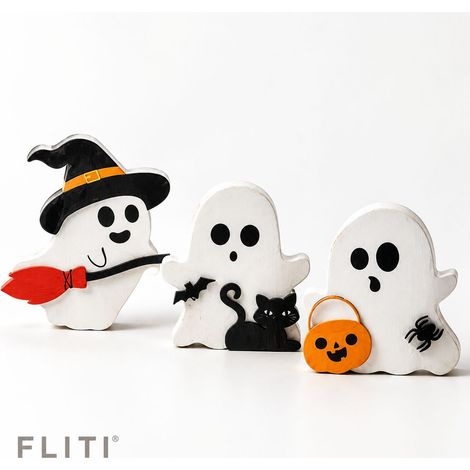 FLITI Halloween-Dekorationsset für den Innenbereich, 3-teiliges Set aus Holzdekorplatten: Geist, Fledermaus, Kürbis, 10–12 cm (1/5)